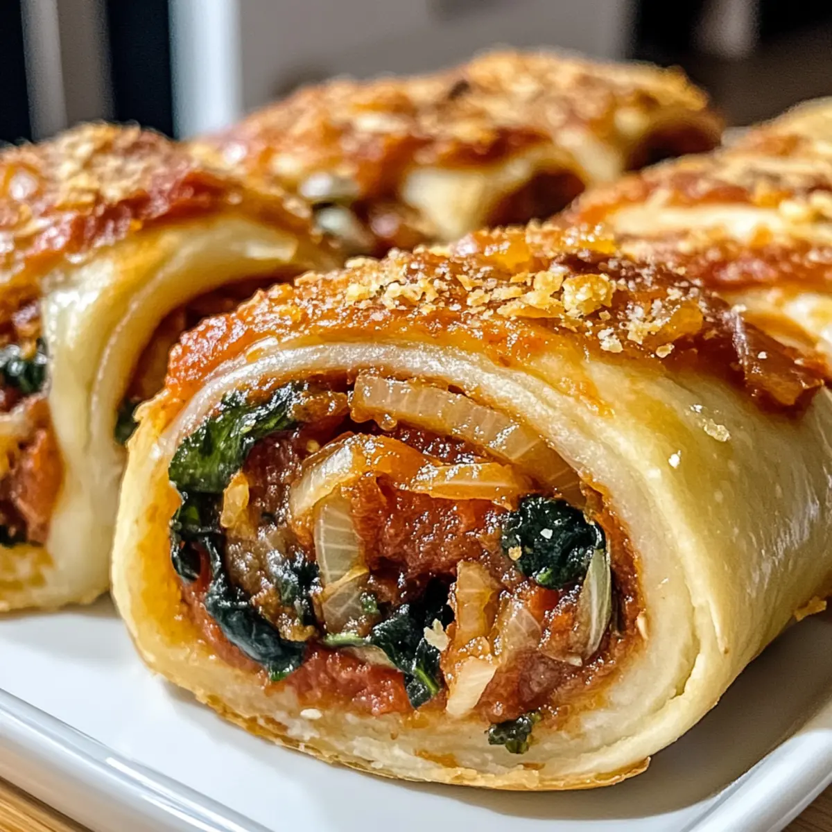 Veganer karamellisierte Zwiebel- und Spinat-Pizza-Rollen
