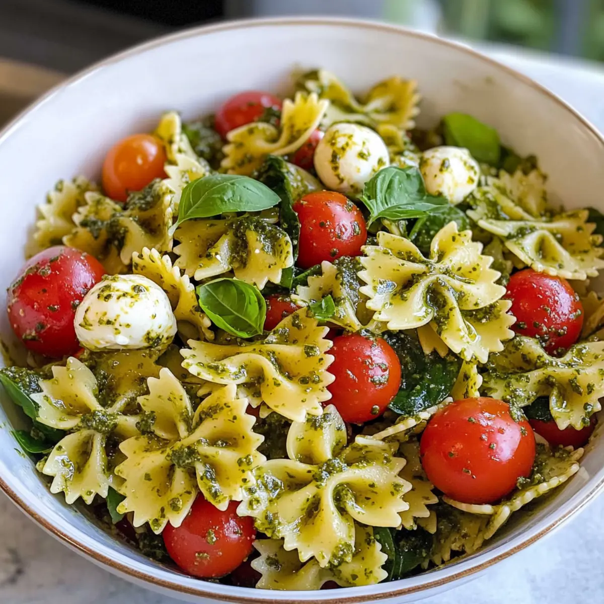 Fliegenkopf-Pasta-Salat mit frischem Pesto