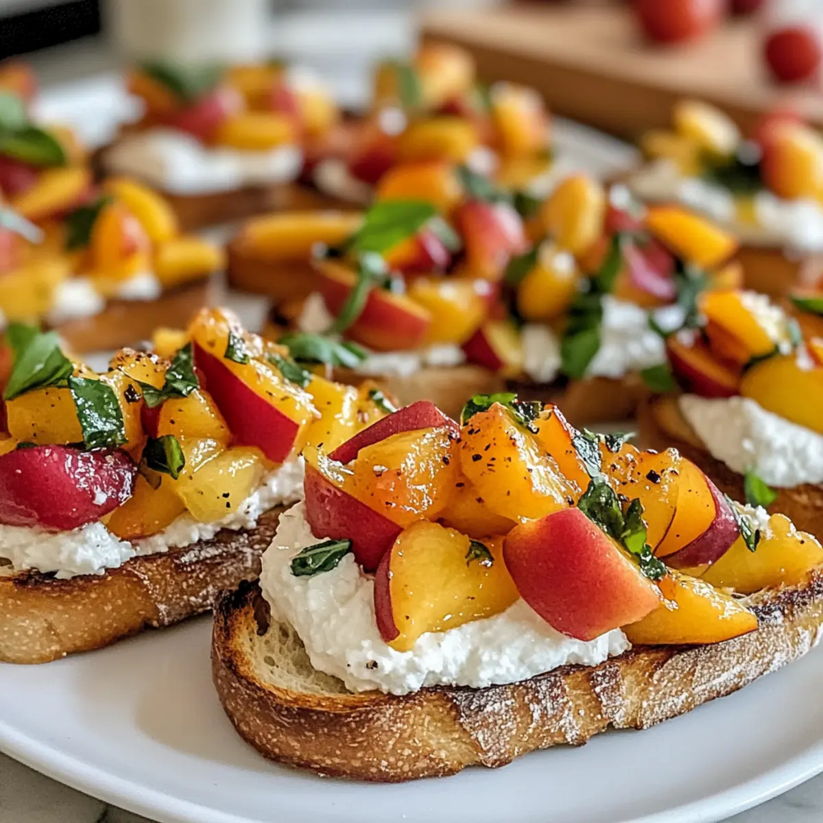 Pfirsich Bruschetta mit geschlagenem Ricotta für den Sommer